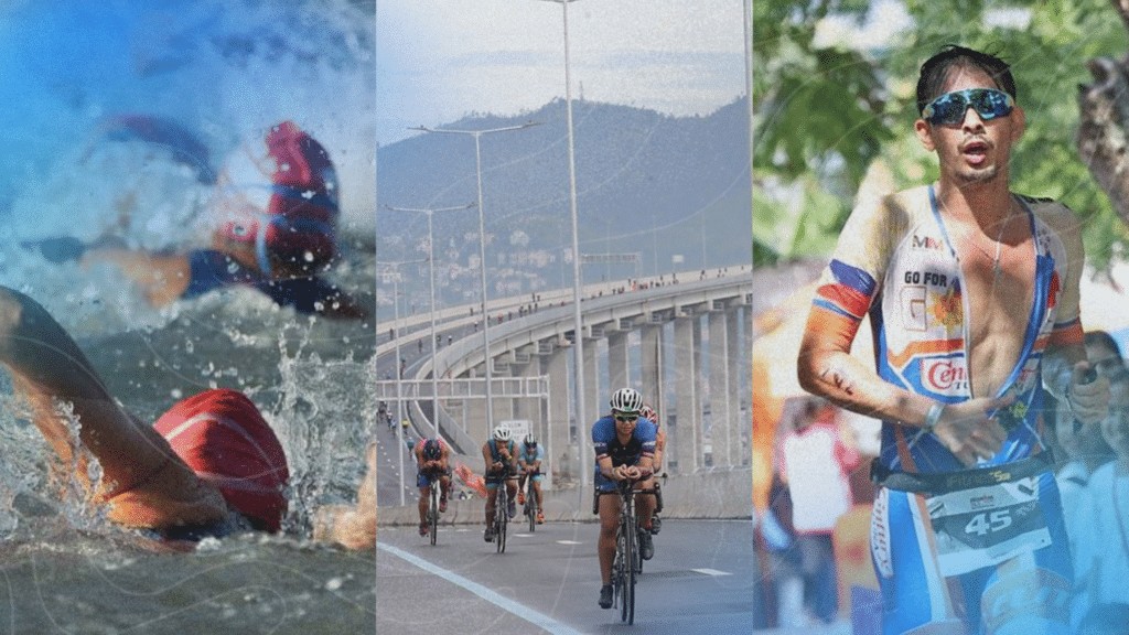 Triathlon athletes swim, cycle on a bridge, and run in an outdoor event. Triathlon athletes swim, cycle on a bridge, and run in an outdoor event.