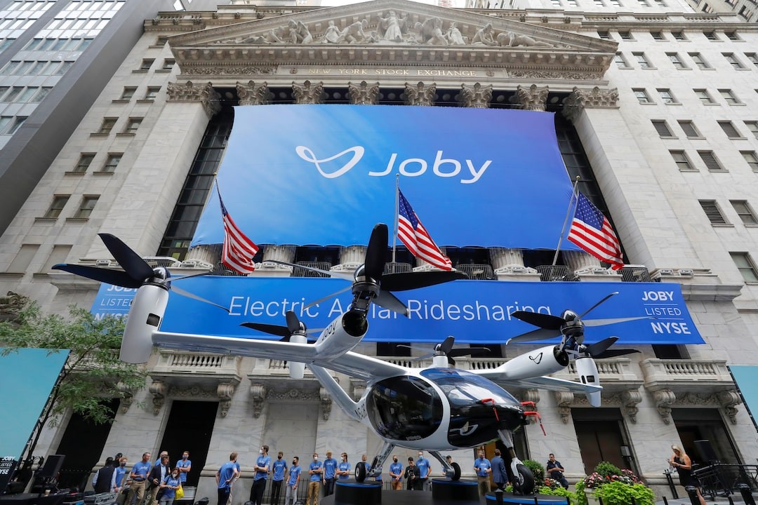 Joby electric air taxi displayed outside New York Stock Exchange. Joby electric air taxi displayed outside New York Stock Exchange.