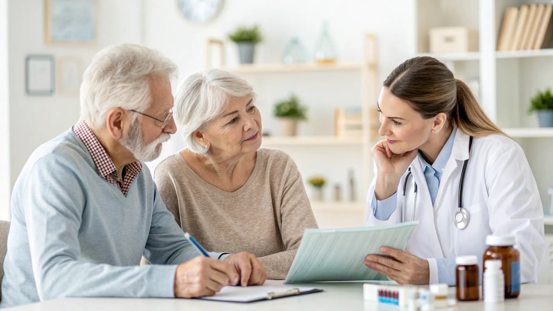 Doctor discusses medical records with elderly couple in clinic. Doctor discusses medical records with elderly couple in clinic.