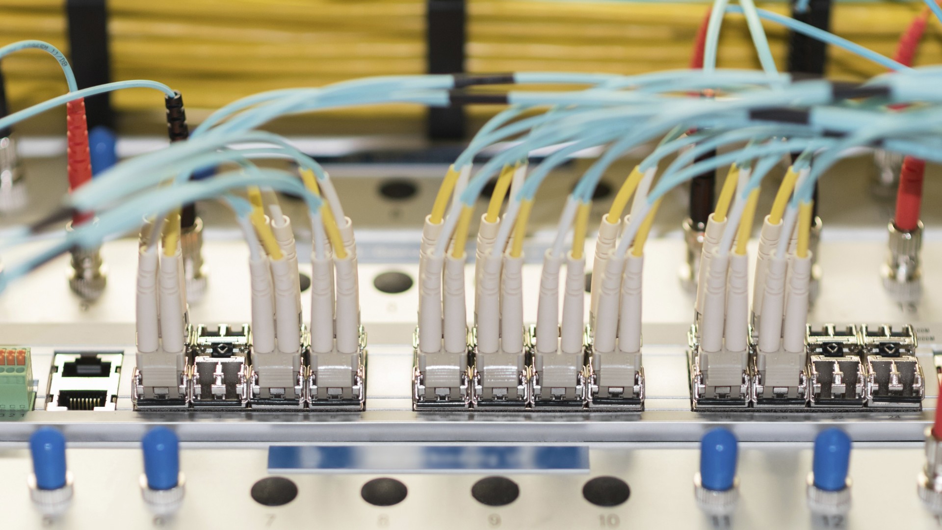 Network patch panel with blue/yellow cables connected to RJ45 ports in an indoor technical setting. Network patch panel with blue/yellow cables connected to RJ45 ports in an indoor technical setting.