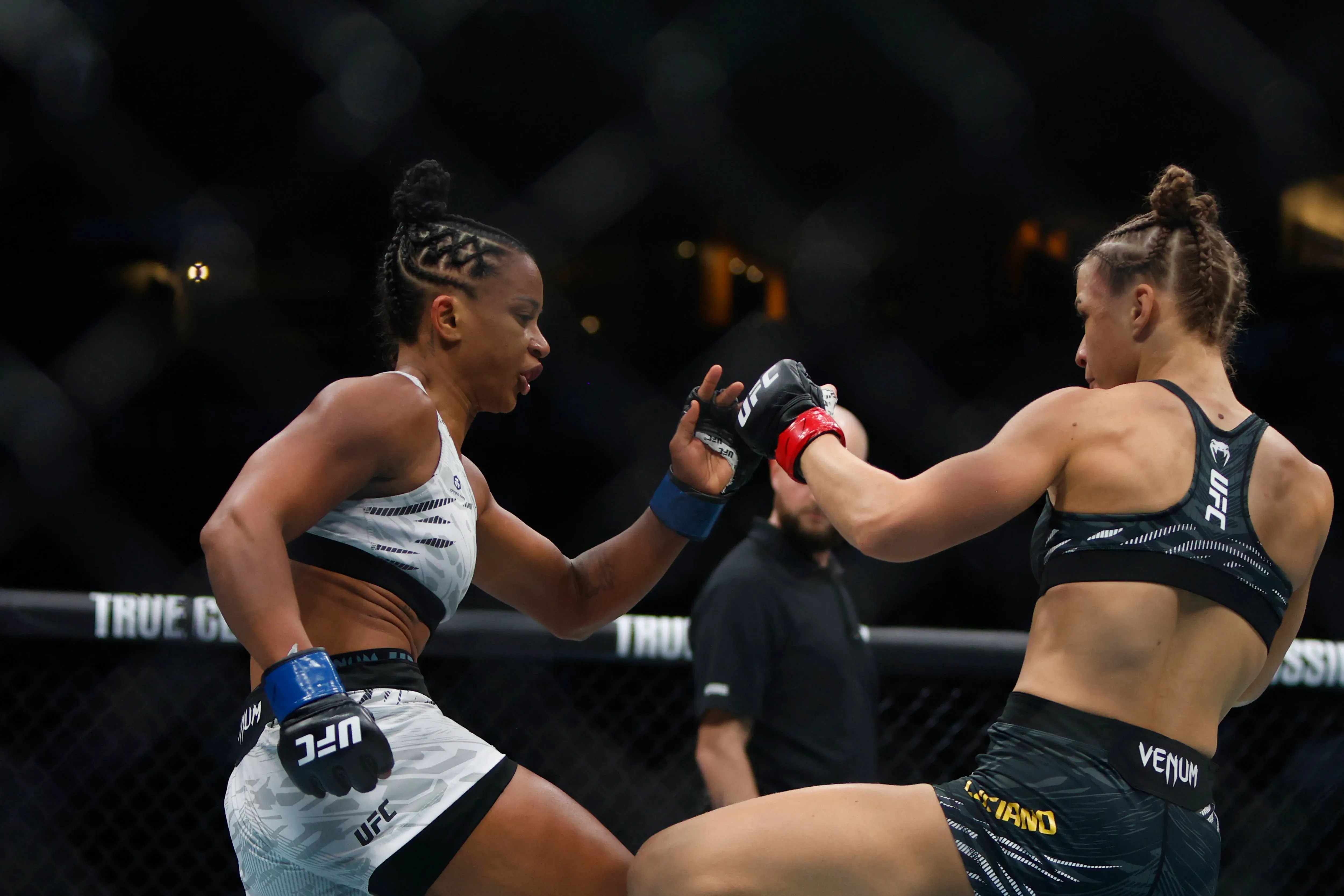 Two female MMA fighters engage in combat inside a UFC octagon cage. Two female MMA fighters engage in combat inside a UFC octagon cage.