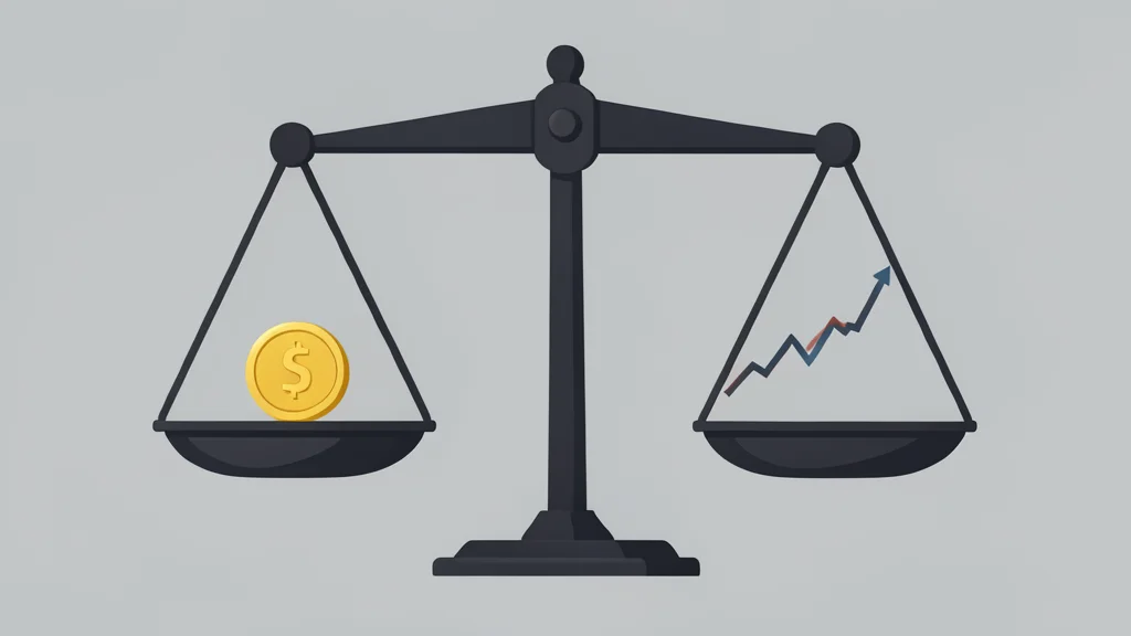 A balance scale with one side holding a coin and the other side holding a stock chart line