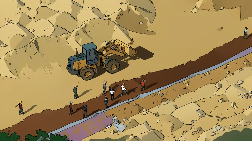 A pile of raw metallic ore chunks and a geological hammer resting on a rocky surface