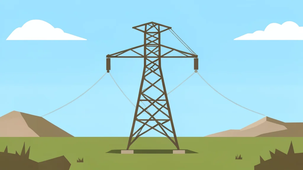 A high-voltage electrical transmission tower standing in a field