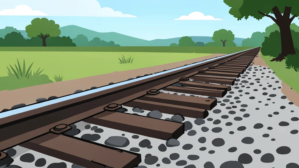 A section of steel railway track lying on gravel ballast in a rural landscape