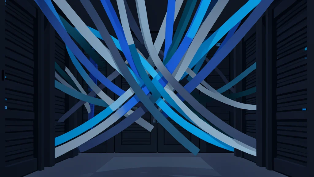 A dense cluster of fiber optic cables bundled together in a dark server room