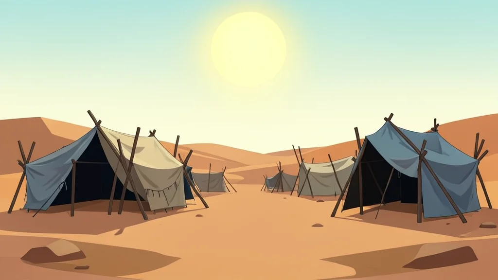 A dusty, arid landscape with scattered makeshift shelters made of tarps and wooden poles under a bright sun