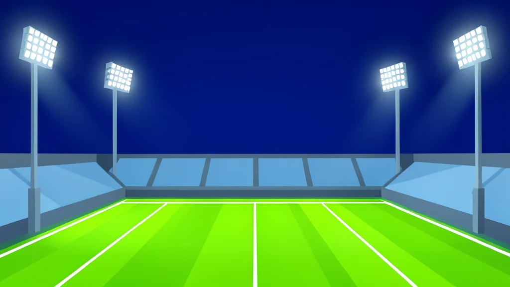 A large outdoor stadium with green grass and white yard lines under bright floodlights, depicted in a flat-vector style.