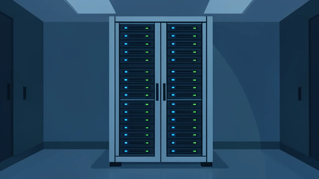 A modern server rack with blinking status lights in a dimly lit data center room