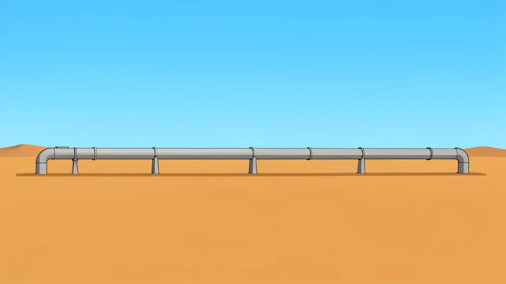 A long, metallic oil pipeline stretching across a flat, arid desert landscape under a clear sky