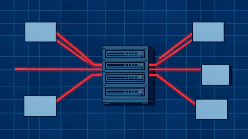 A central server rack connected by glowing red threads to scattered empty boxes