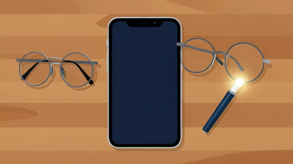 A sleek smartphone on a wooden table next to round glasses and a glowing wand.