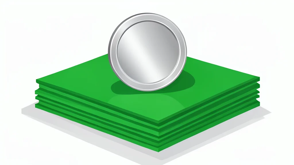 A digital coin resting on a stack of traditional paper currency