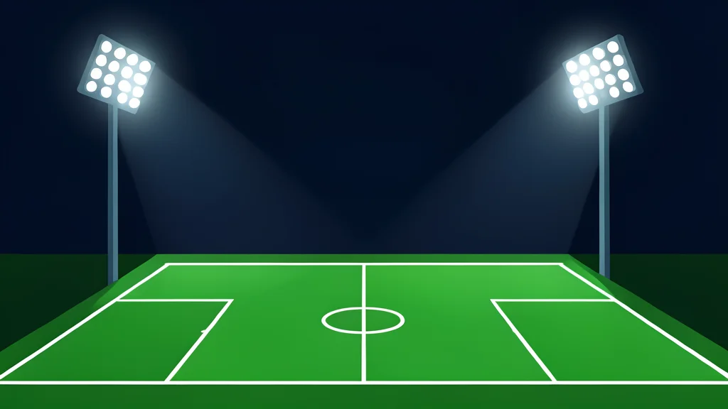 A green football pitch with white boundary lines under stadium floodlights