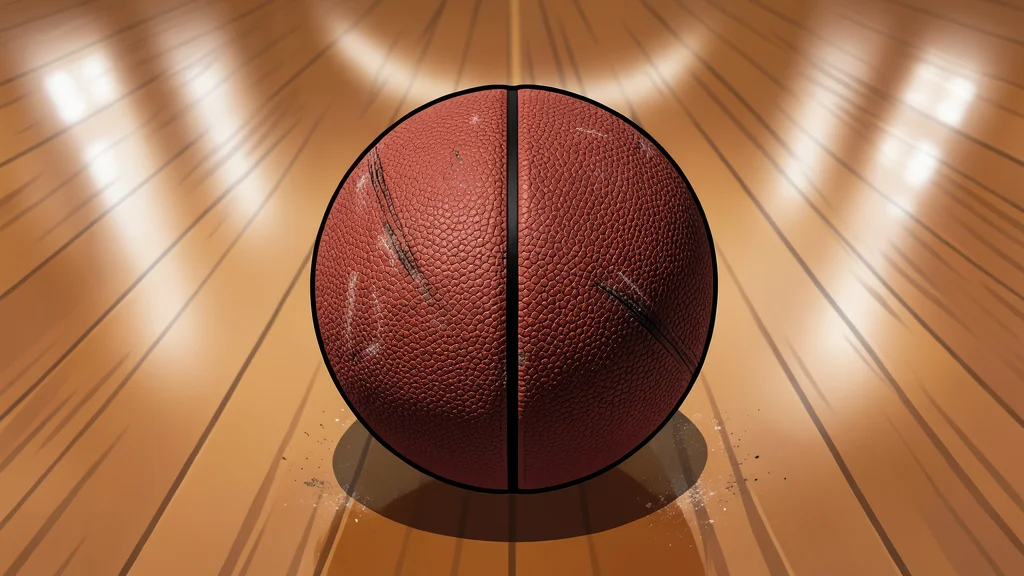 A polished hardwood basketball court with a single ball resting near the center circle