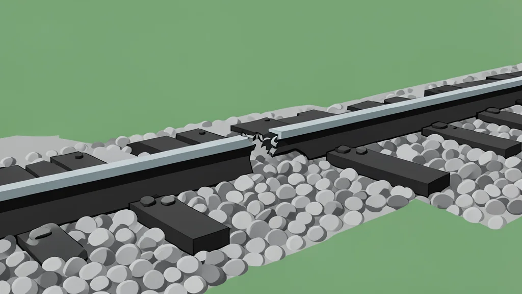 A flat vector illustration of a railway track with a broken rail lying on gravel ballast.