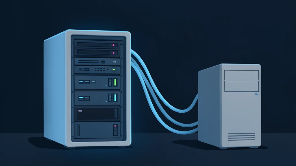 A compact, glowing server rack standing in a dimly lit room, connected by thick cables to a desktop computer tower.