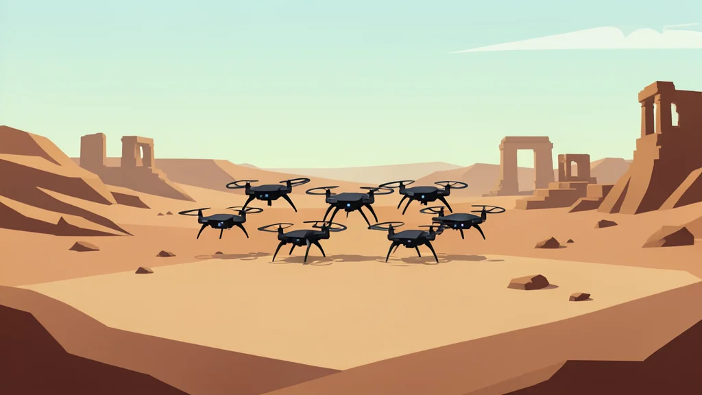 A cluster of small, dark quadcopter drones hovering low over a dusty, arid landscape with scattered ruins in the background.