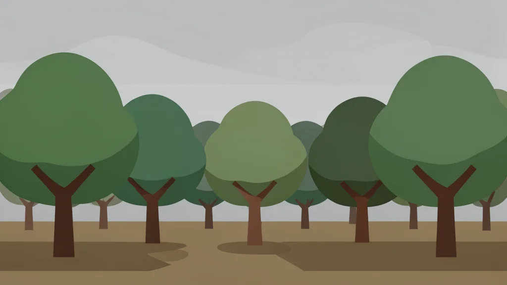 A row of apple trees in an orchard under a soft, overcast sky