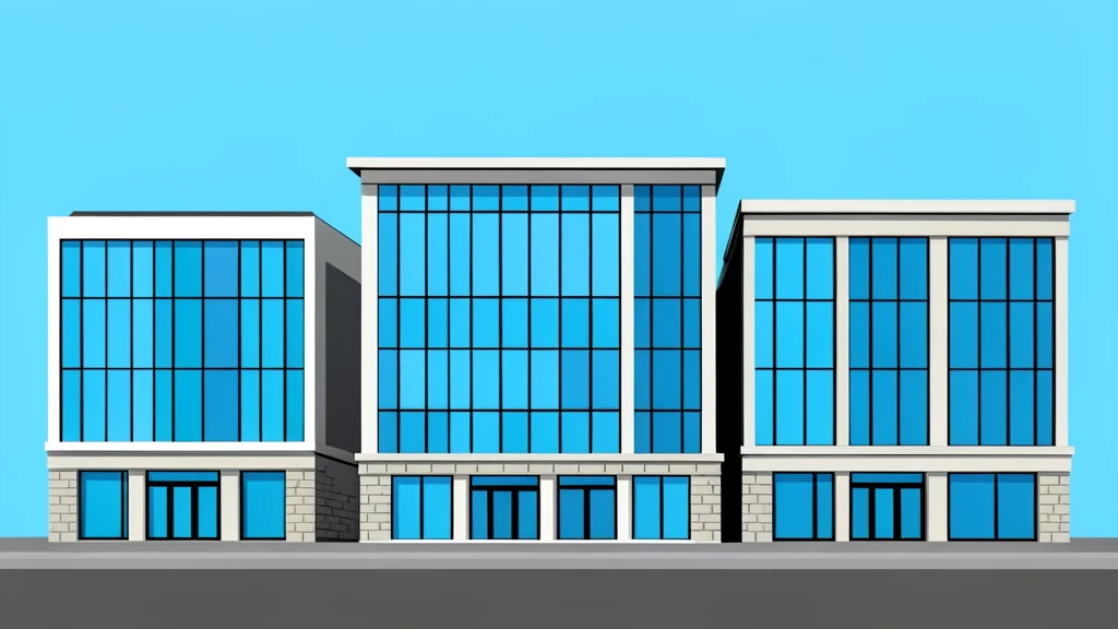 A row of distinct, modern bank buildings with large glass facades and stone bases, standing side-by-side under a clear sky.