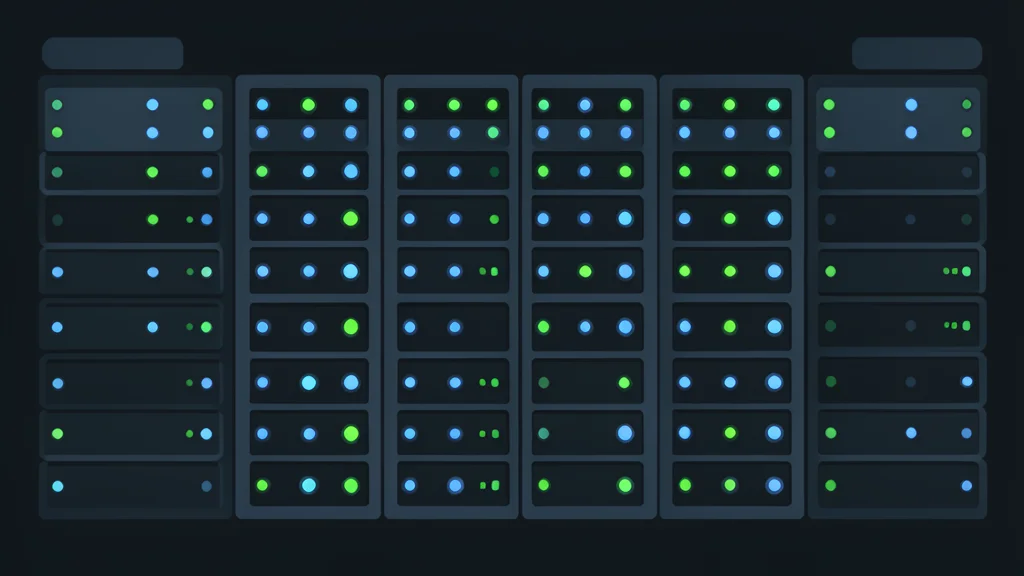 A server room with rows of blinking lights