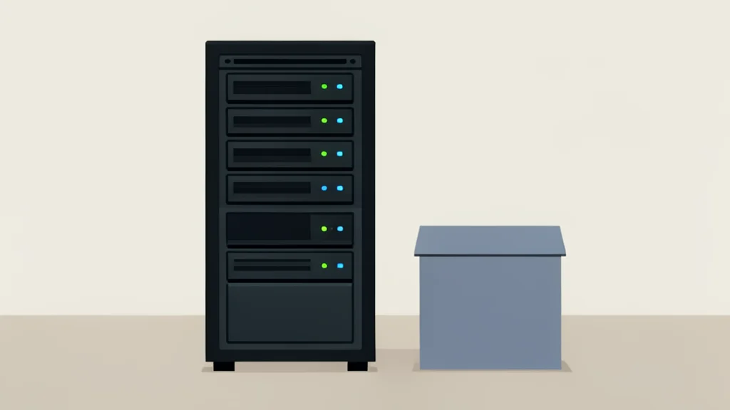 A server rack with blinking status lights and a ballot box
