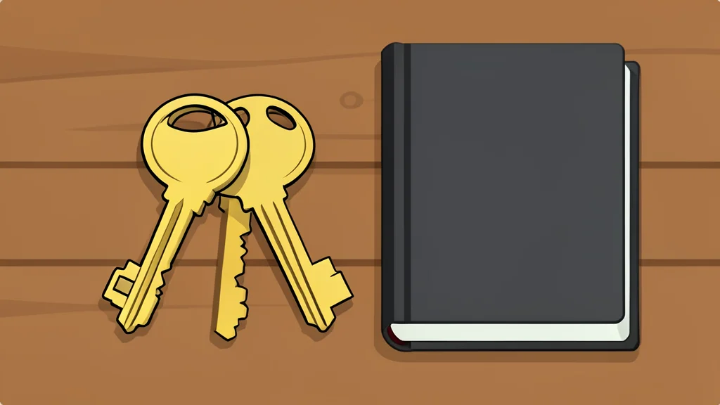 A set of brass house keys resting on a wooden table next to a closed book