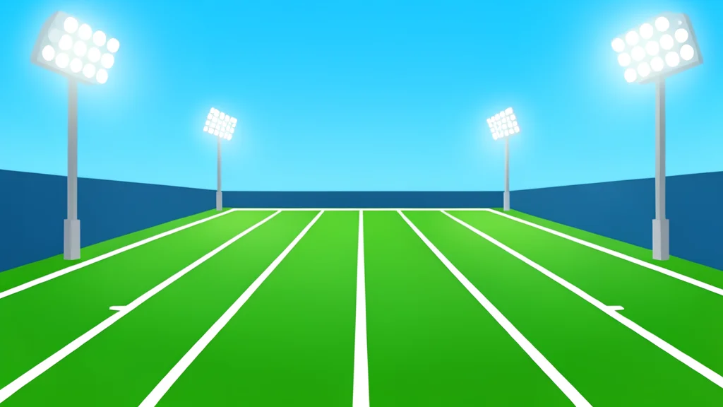 A flat-vector illustration of a green football field with white yard lines stretching into the distance under bright stadium lights.