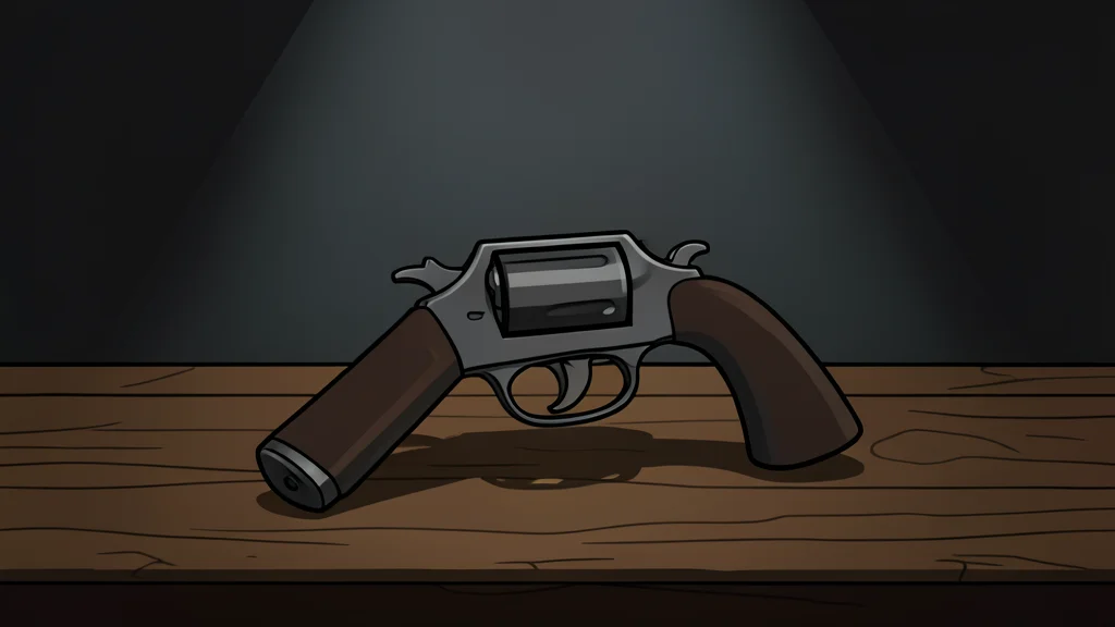 A single, old-fashioned revolver resting on a wooden table in a dimly lit room