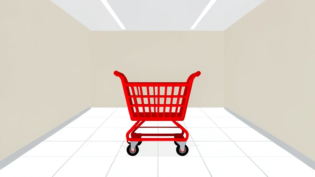 A red shopping cart standing in a bright, empty retail aisle
