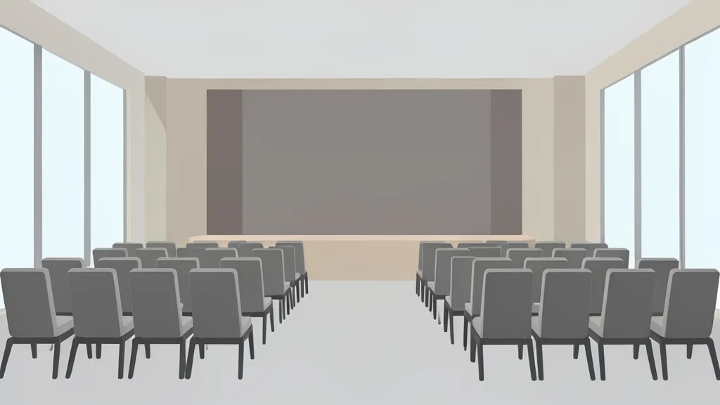 A large, modern conference hall with rows of empty chairs facing a central stage