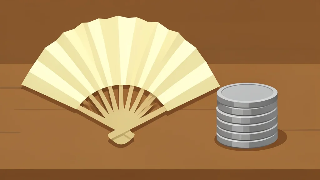 A traditional Japanese paper fan resting on a wooden table next to a stack of coins