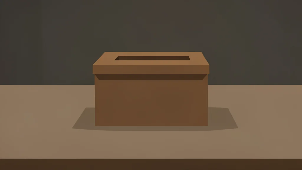 A simple wooden ballot box with a slot on top, sitting on a plain table in a dimly lit room.