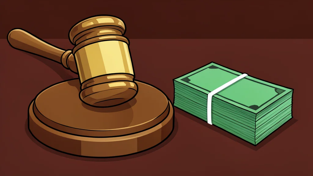A wooden gavel resting on a desk beside a neat stack of paper currency.