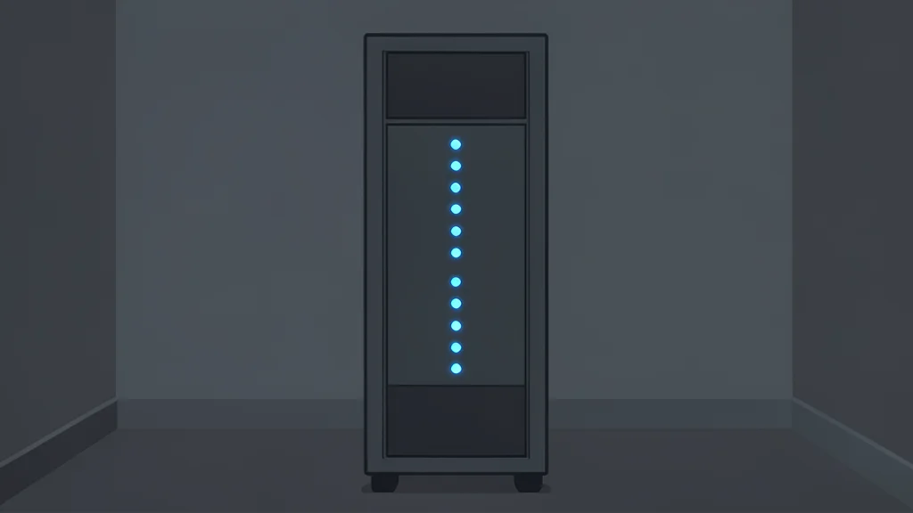 A large industrial server rack with glowing blue status lights in a dark room