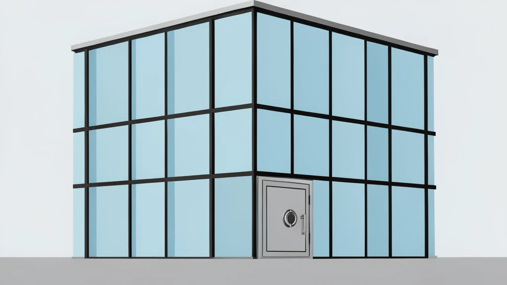 A modern glass office building with a secure vault door