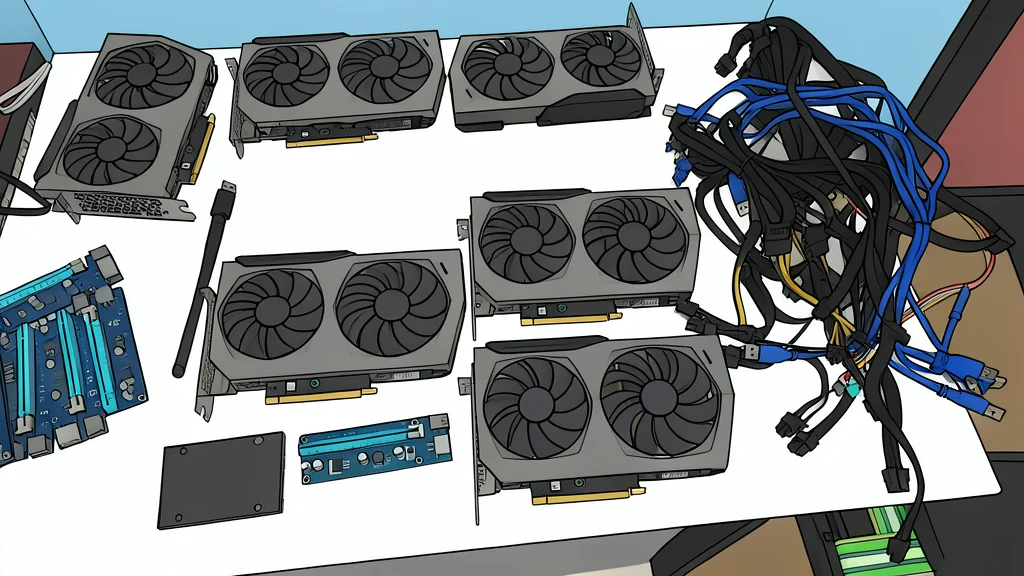 A stack of green circuit boards with black cooling fans and gold connector pins resting on a wooden workbench
