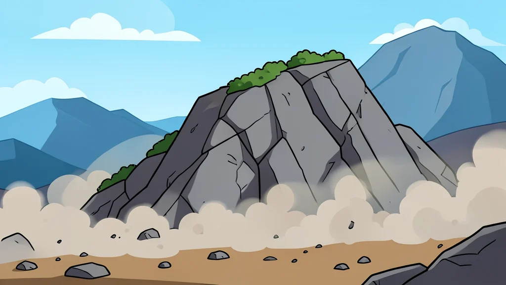 A rugged limestone ridge in a mountainous region with scattered debris and dust clouds rising from the ground