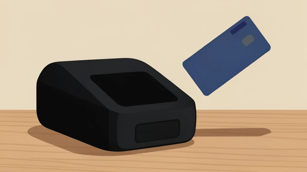 A modern digital payment terminal on a wooden counter