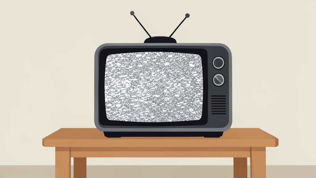 A vintage television set with a static-filled screen sitting on a wooden coffee table in a living room