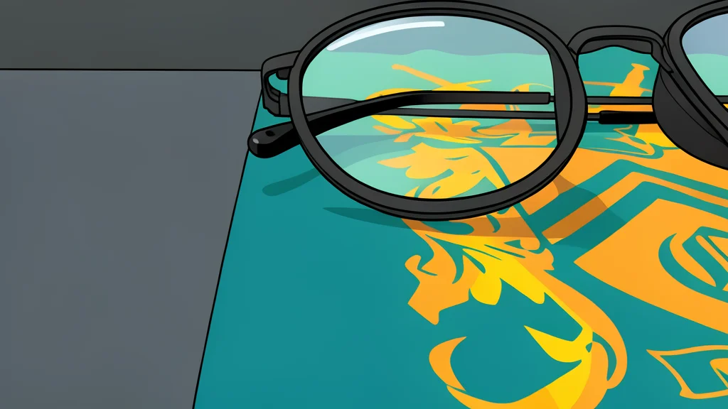 A pair of eyeglasses with amber-tinted lenses resting on a wooden desk next to a mechanical keyboard