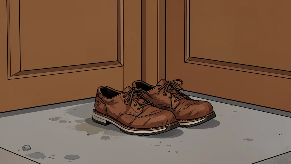 A pair of worn leather shoes placed on a dusty concrete floor near a closed wooden door
