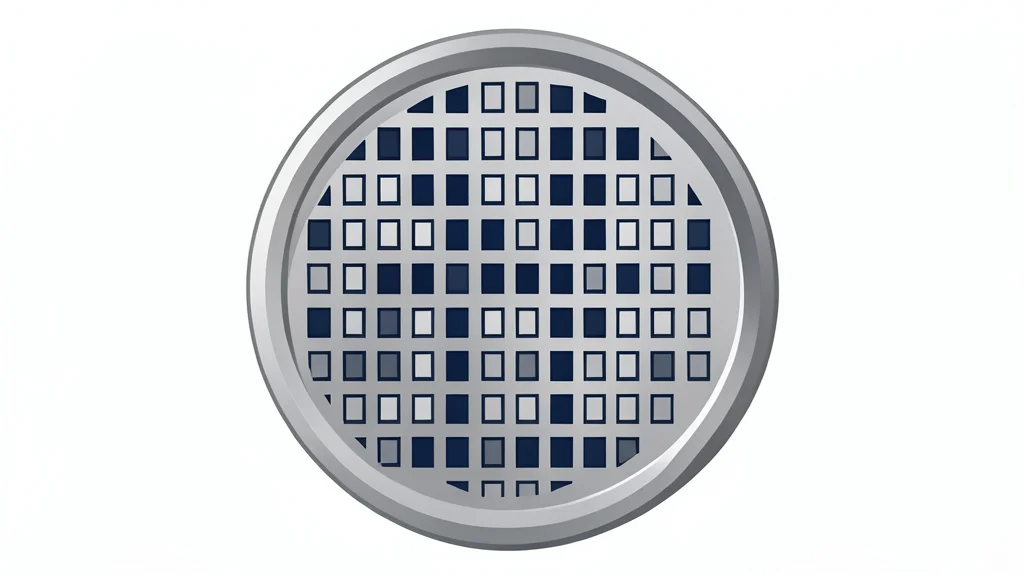 A close-up view of a silicon wafer with a grid of square chips