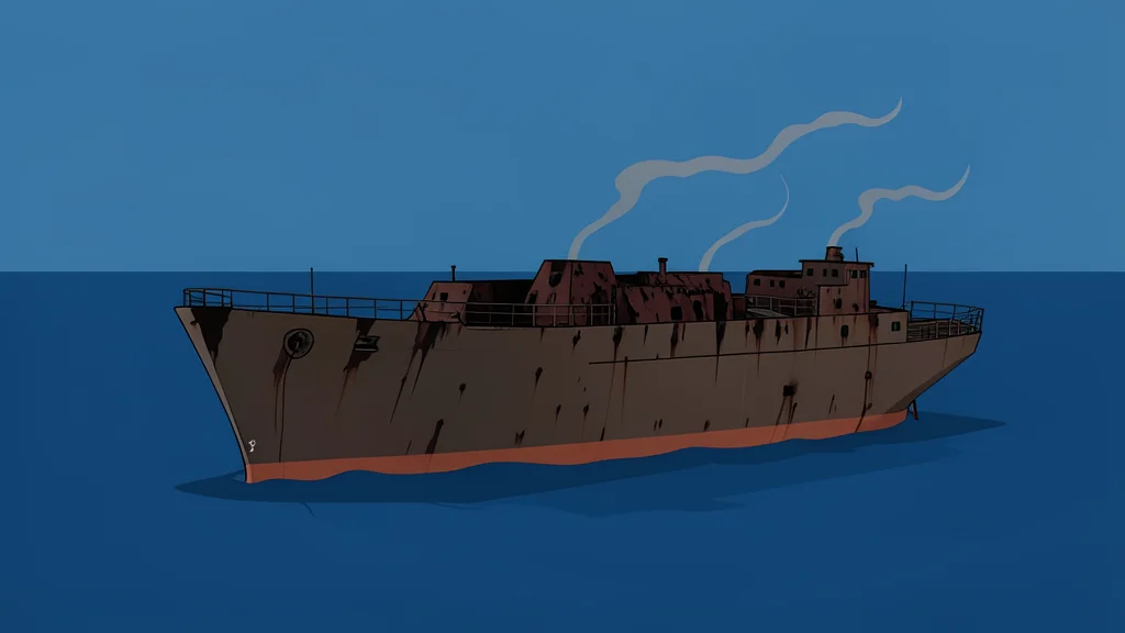 A charred metal hull of a large vessel floating in calm, dark blue sea water with thin wisps of grey smoke rising from the deck