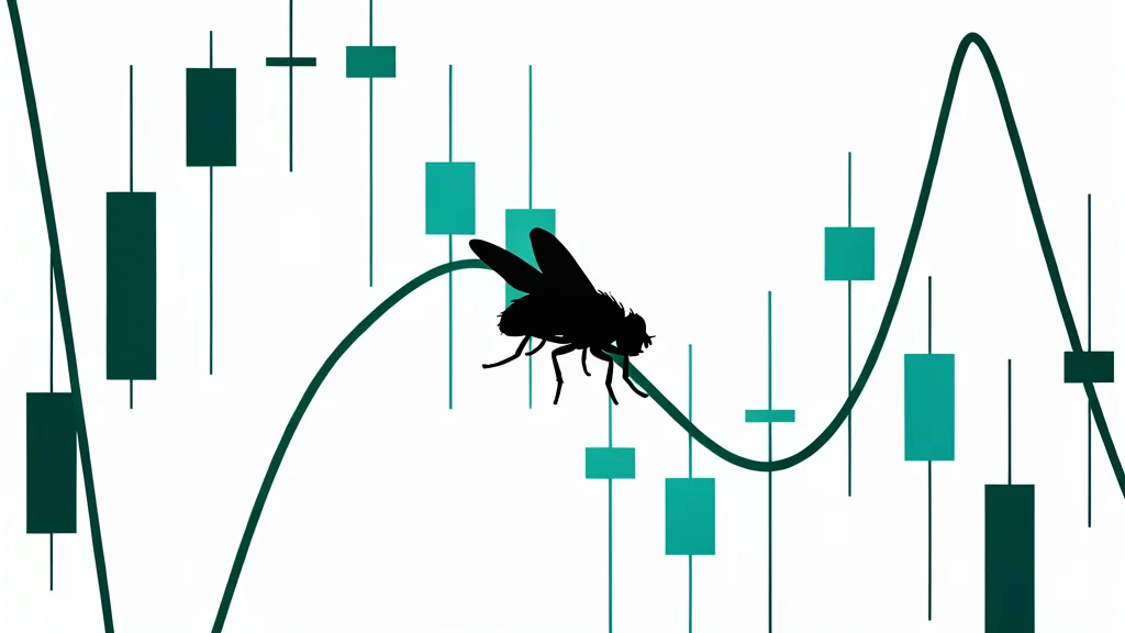 A small, detailed illustration of a fruit fly perched on a smooth, metallic sphere.
