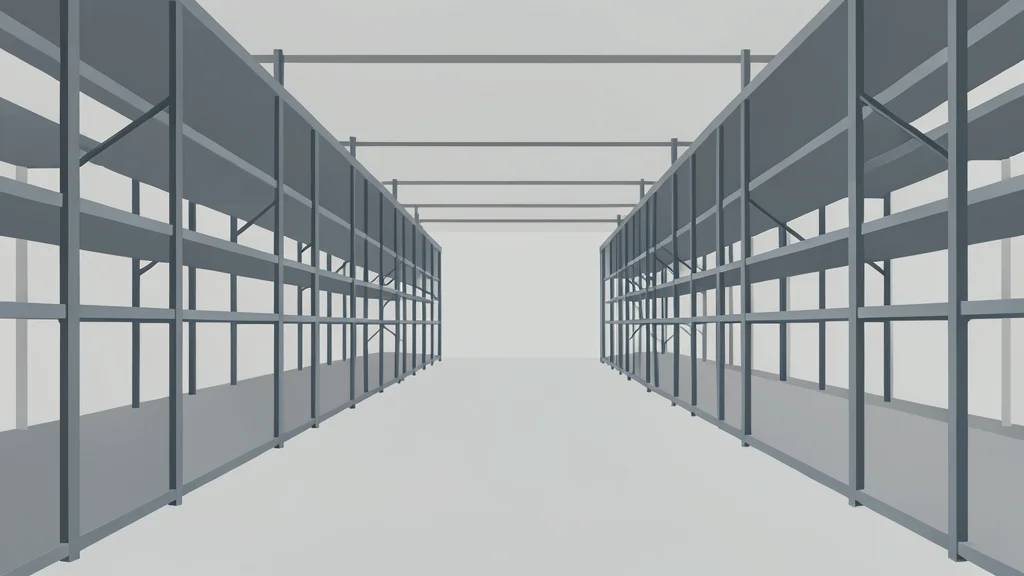 A large, empty retail warehouse aisle with metal shelving units stretching into the distance
