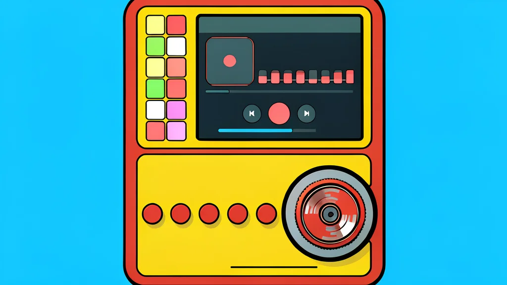 A compact rectangular audio player with a rotary dial and small screen sits on a wooden table next to wired headphones.