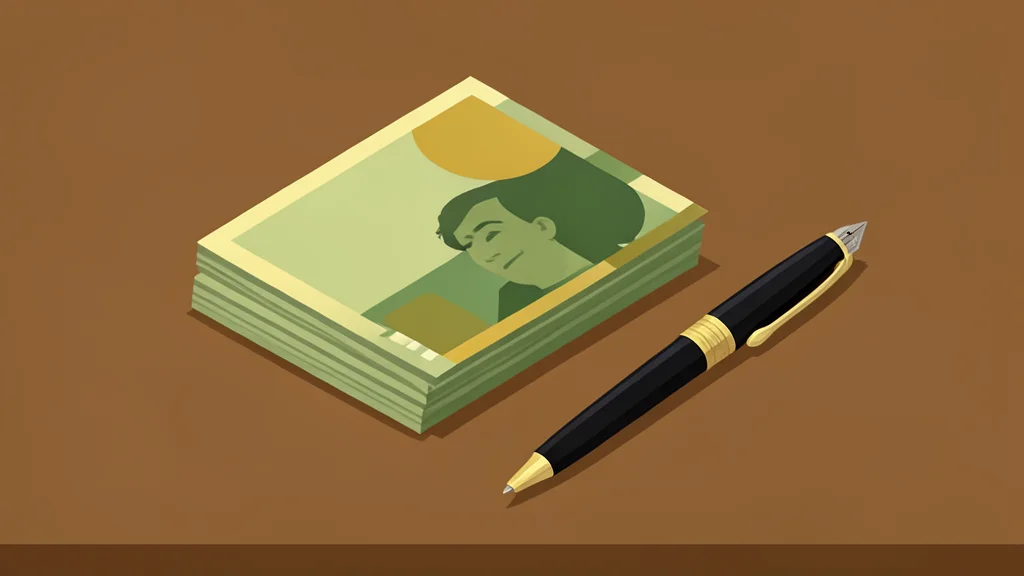 A stack of paper currency notes and a fountain pen resting on a wooden desk