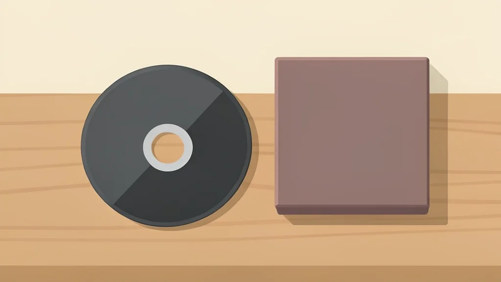 A physical video game disc resting on a wooden surface next to a closed game case