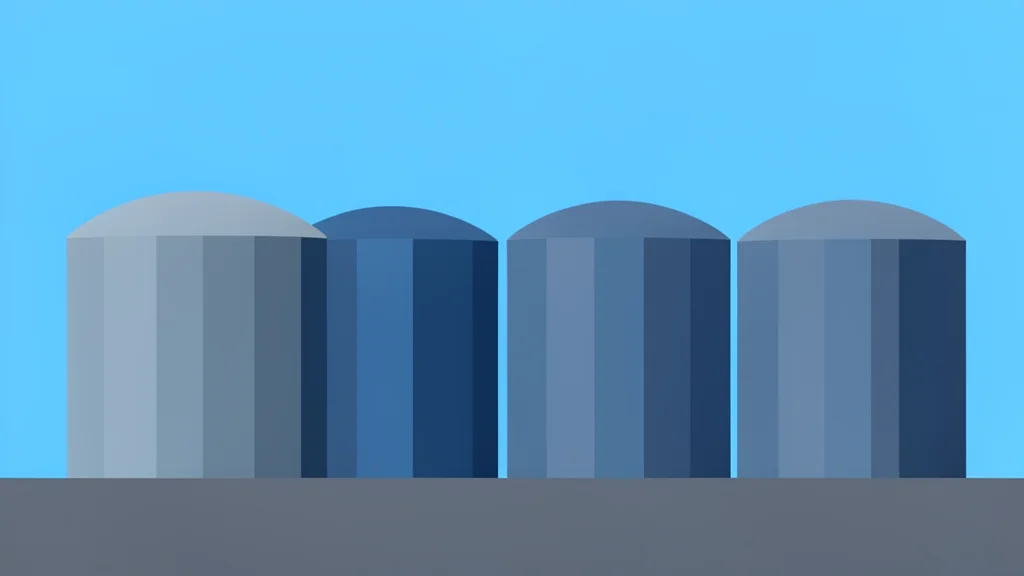 A cluster of large, cylindrical industrial storage tanks standing in a row against a clear sky